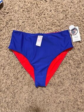 High-Waist Reversible Bikini Bottoms in Blue and Red NWT
